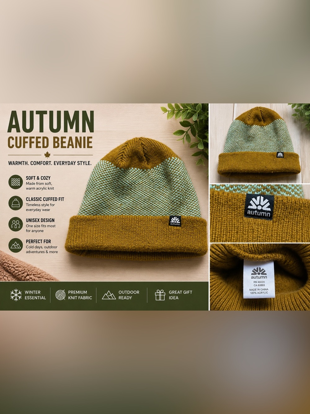 Autumn Beanie Hat Mustard Brown Mint Green Colorblock Knit Cuffed Winter Ski
